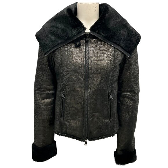 Alice + Olivia Black Embossed Shearling Moto Zip Jacket - Picture 1 of 7
